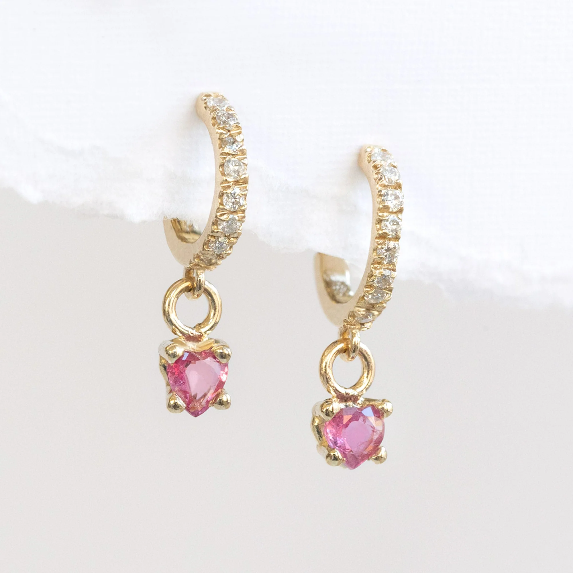 The Ruby Heart + Diamond Huggie Studs | Yellow Gold