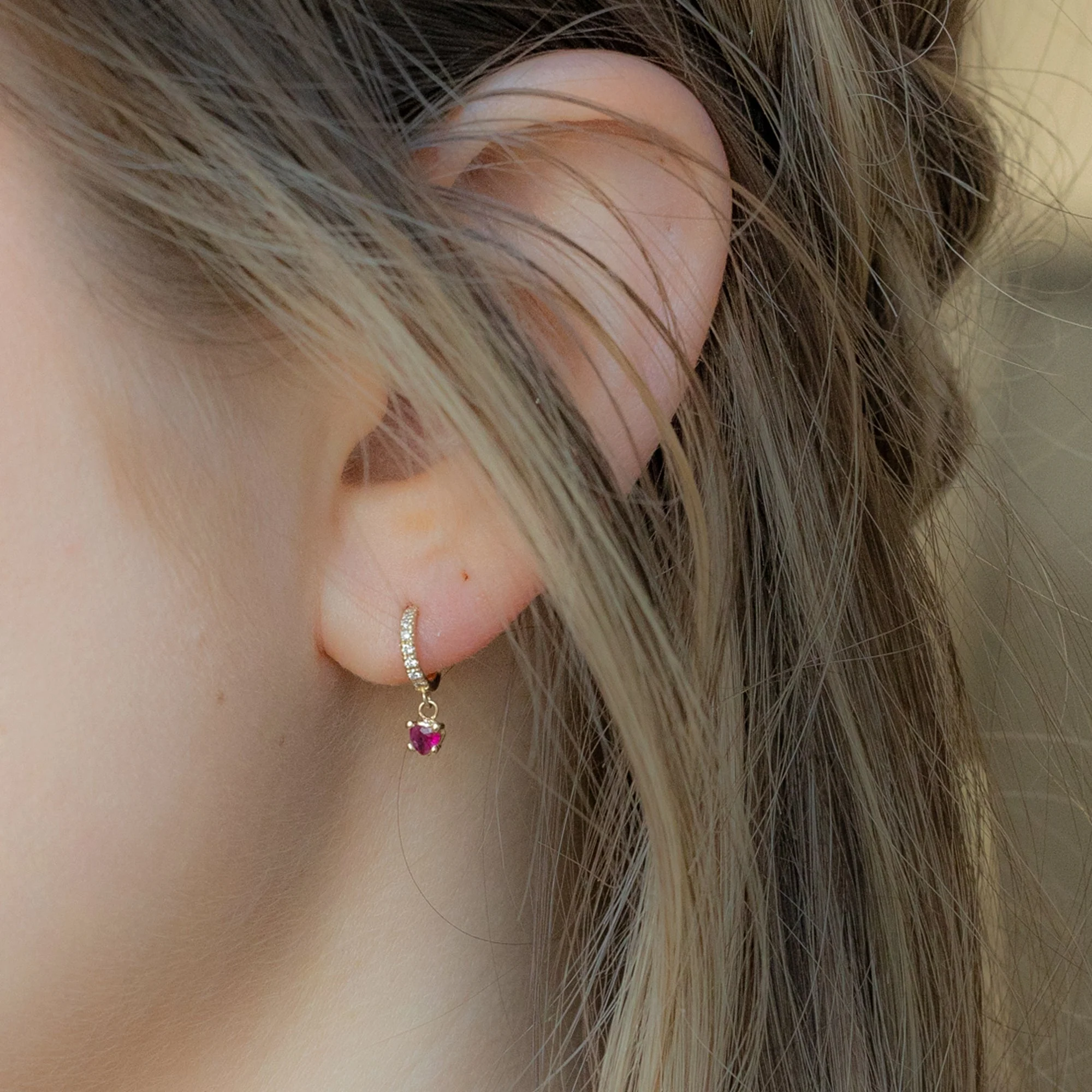 The Ruby Heart + Diamond Huggie Studs | Yellow Gold - Image 2