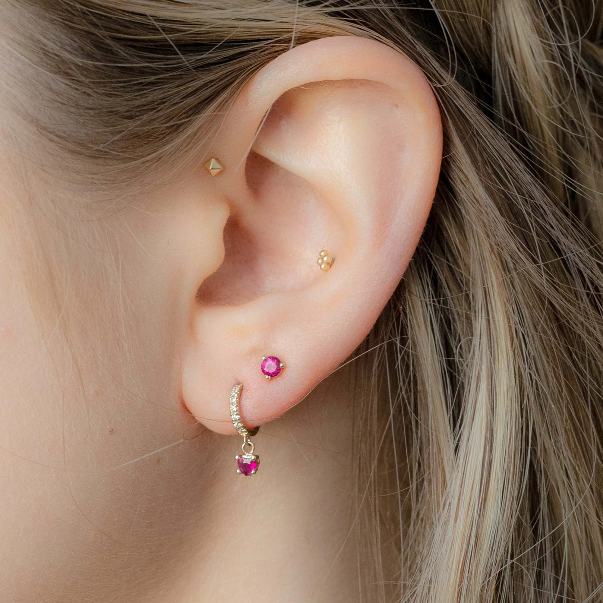 The Ruby Heart + Diamond Huggie Studs | Yellow Gold - Image 3