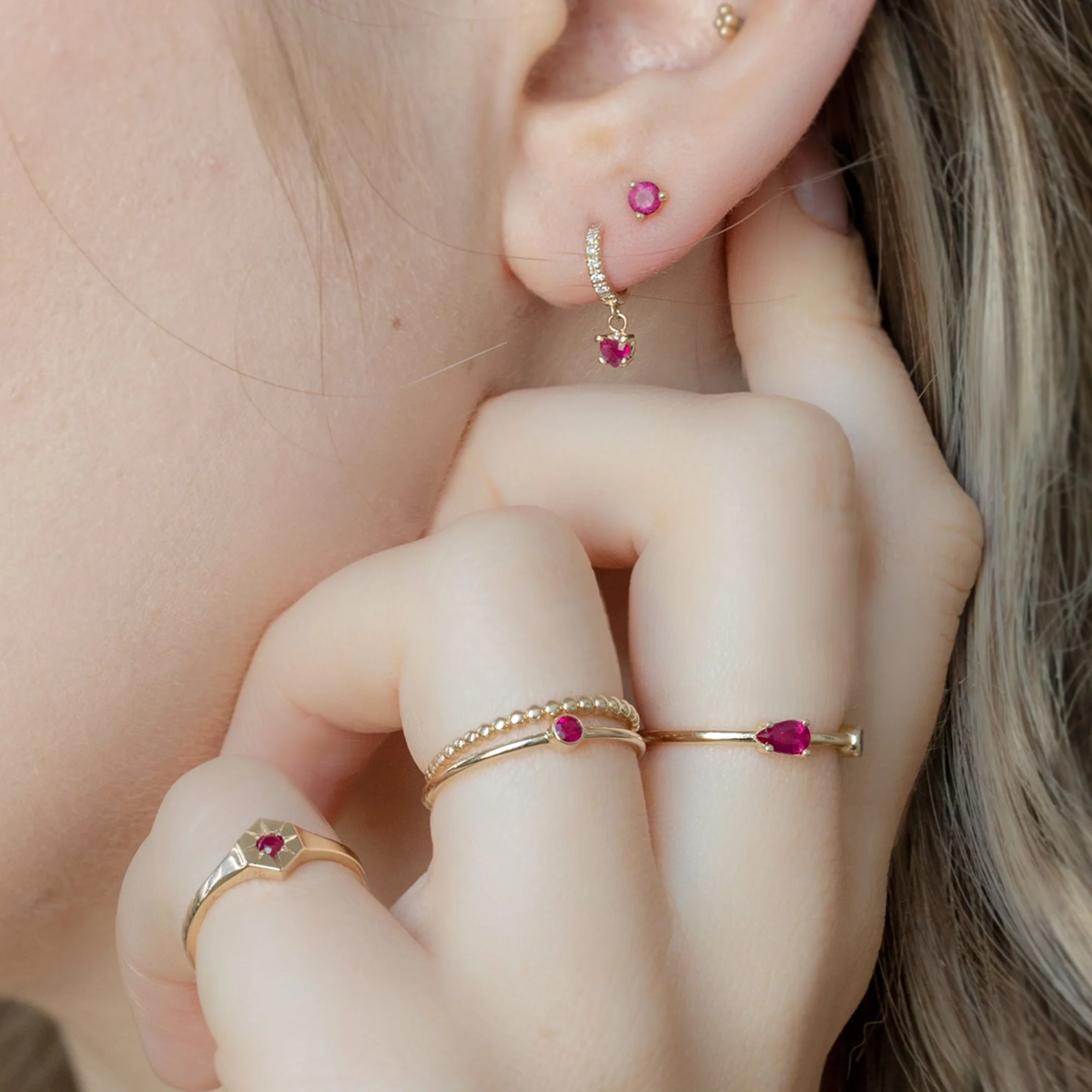The Ruby Heart + Diamond Huggie Studs | Yellow Gold - Image 4