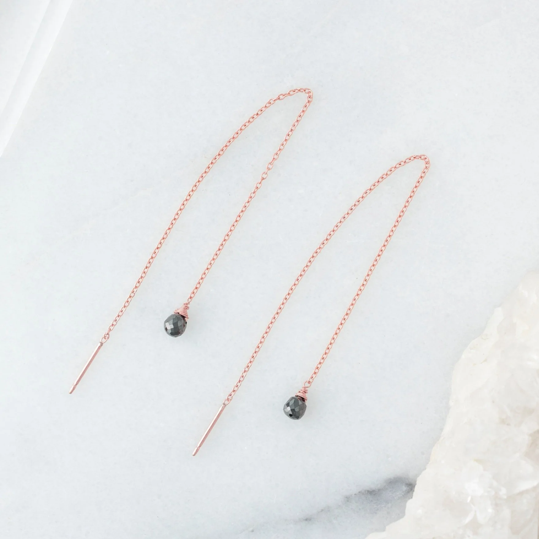 The Simple Black Diamond Drop Thread Earrings | Yellow or Rose Gold