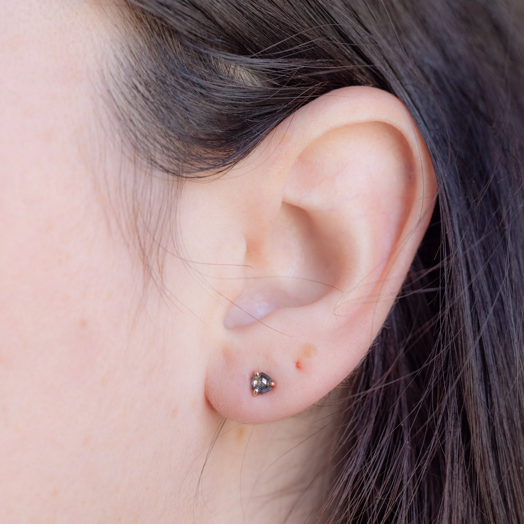 The Teensy Black Diamond Hexagon Stud Earrings | Yellow, Rose or White Gold - Image 2