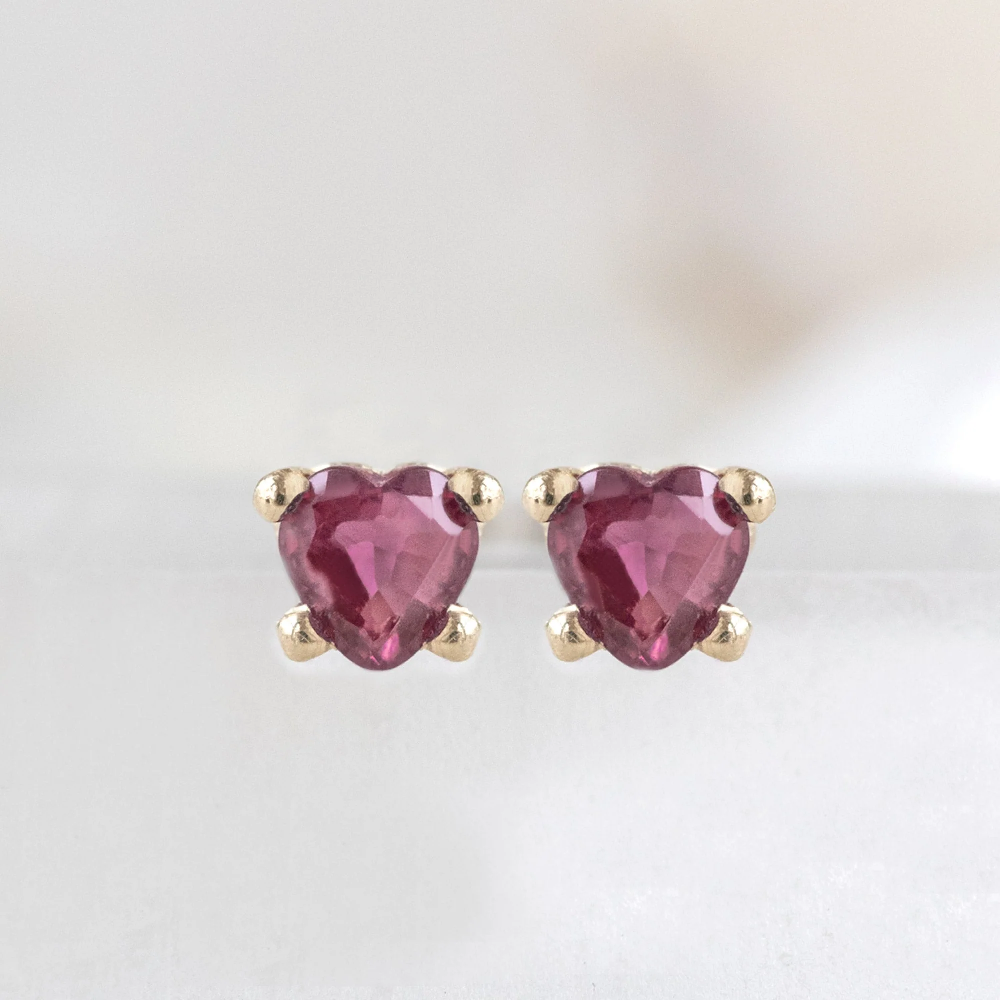 The Teensy Ruby Heart Studs | Yellow Gold