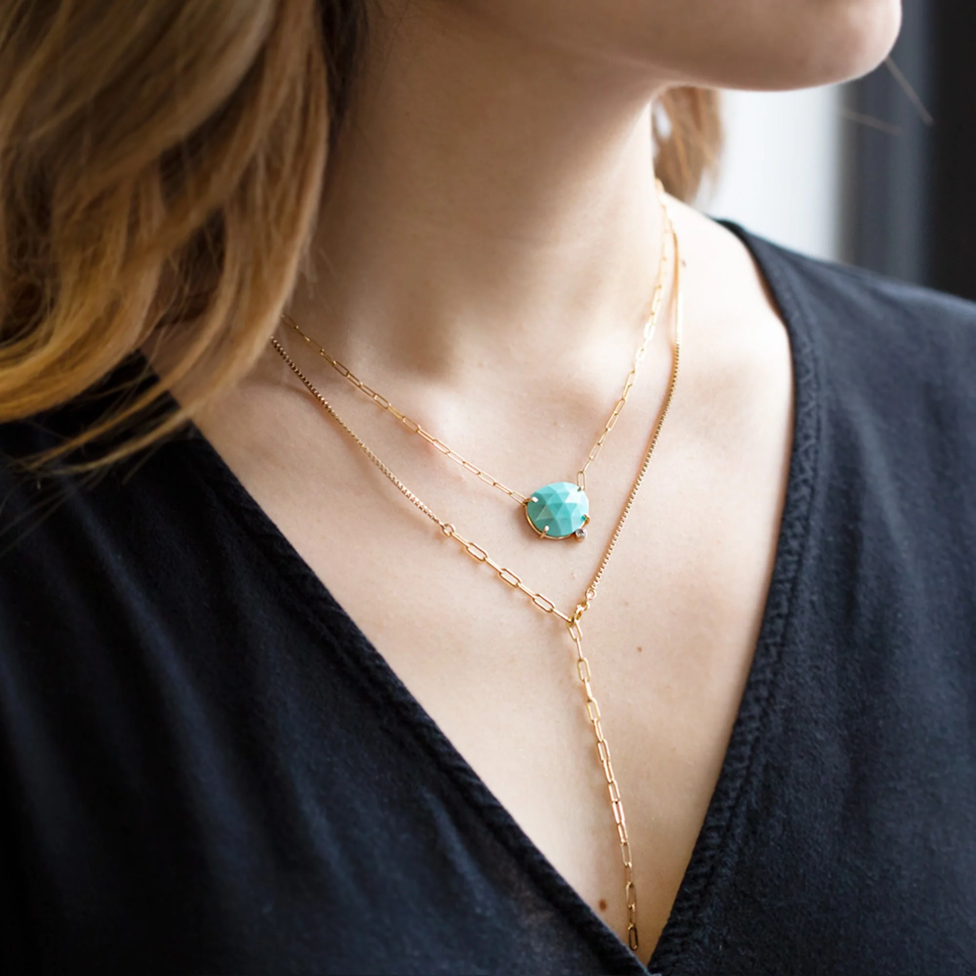 The Turquoise + Diamond Pendant Necklace | Yellow Gold or Sterling Silver - Image 3