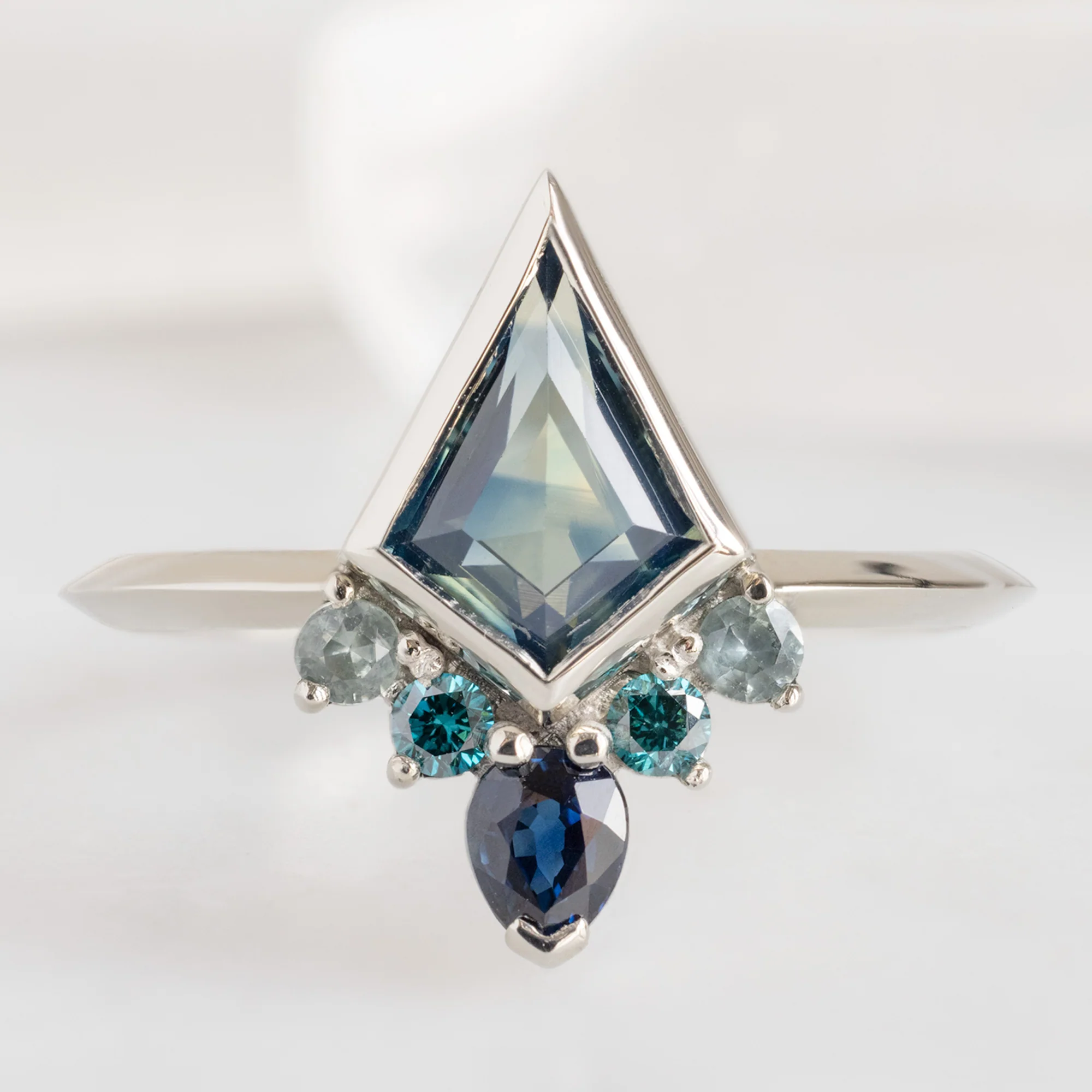 The Watercolor Aster Ring | 1.17ct Kite Shaped Parti Sapphire in 14K White Gold