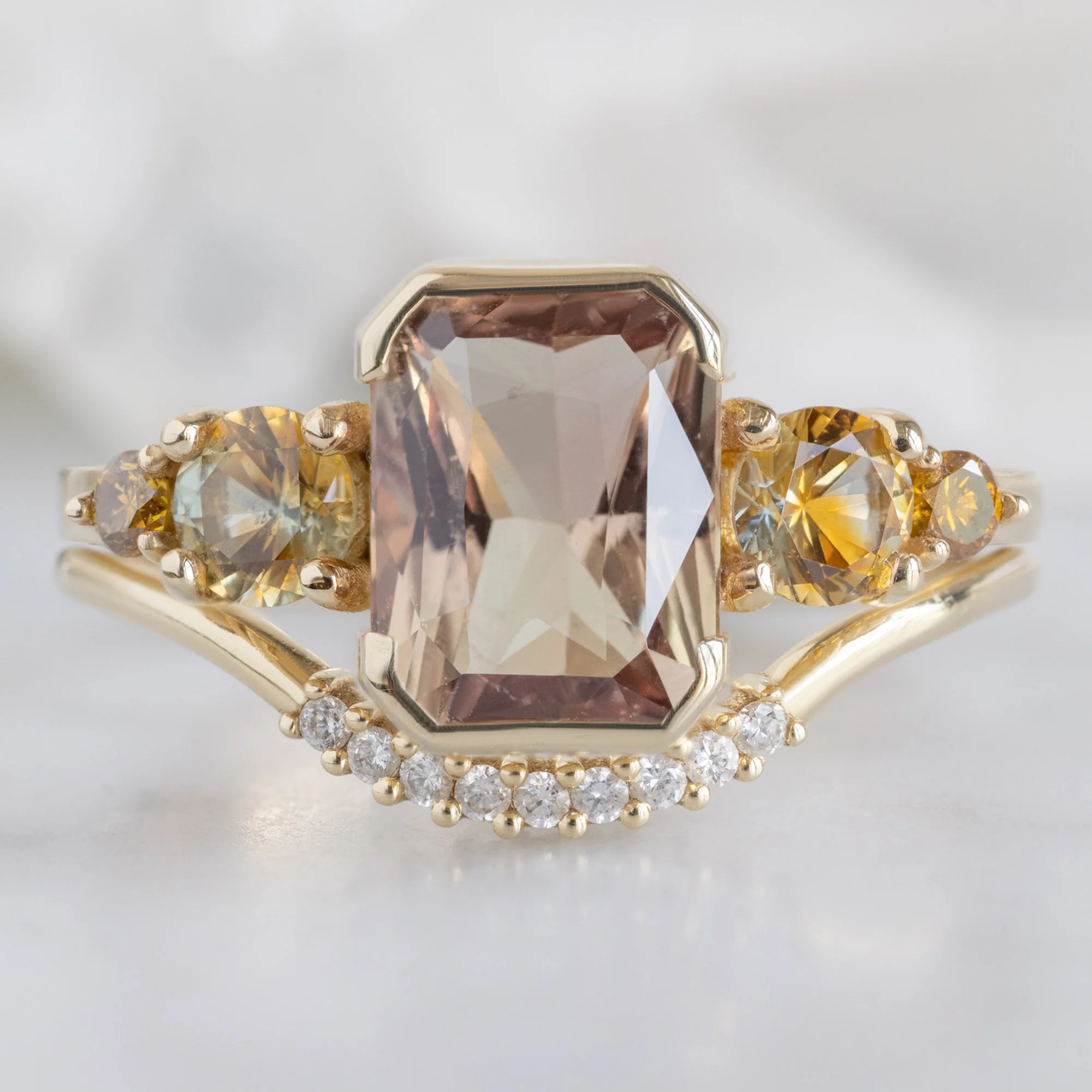 The Watercolor Ring | 2.04ct Emerald Cut Peach Sapphire in 14K Yellow Gold - Image 3
