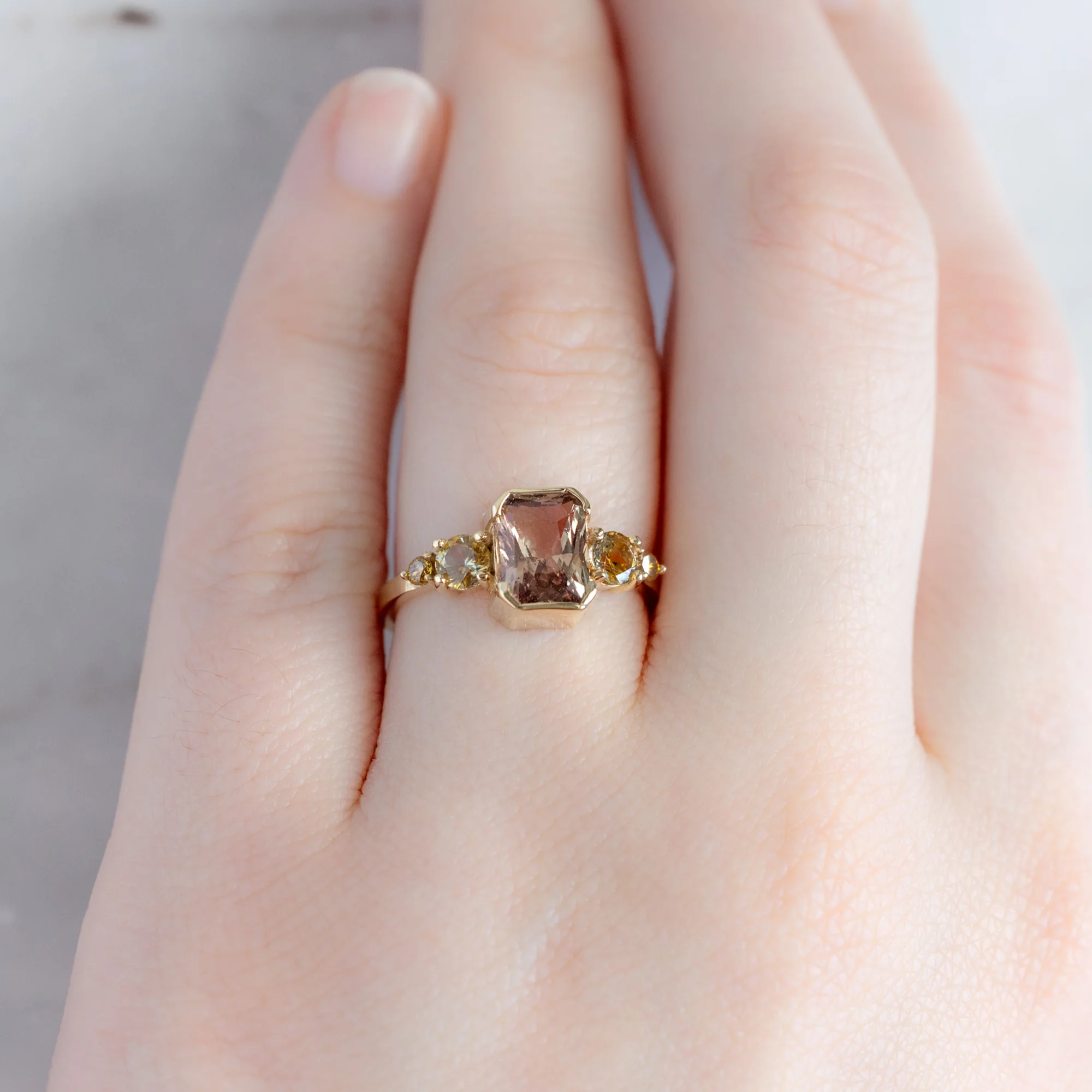The Watercolor Ring | 2.04ct Emerald Cut Peach Sapphire in 14K Yellow Gold - Image 5