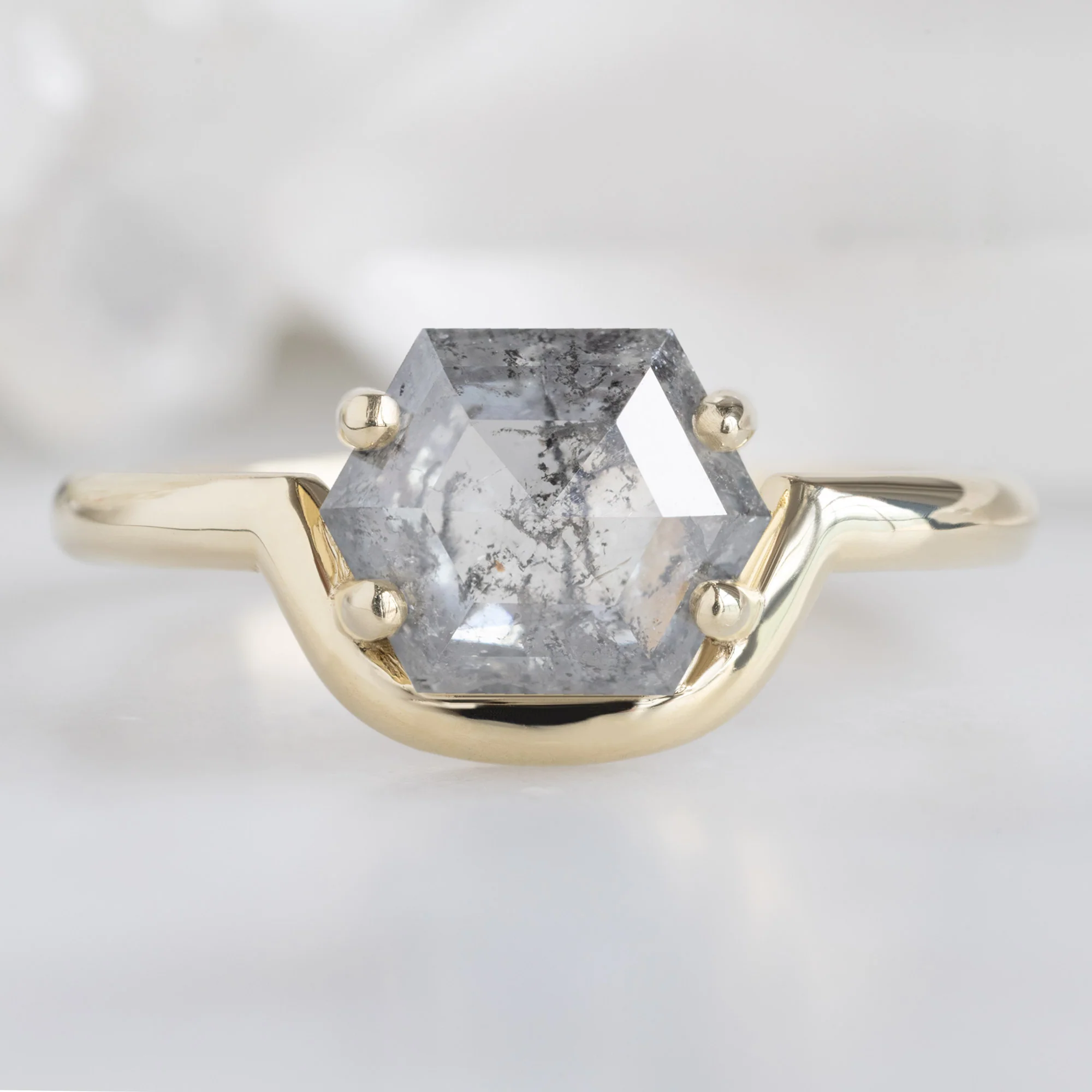The Wave Ring | 1.37ct Hexagon Salt and Pepper Diamond in 14K Yellow Gold
