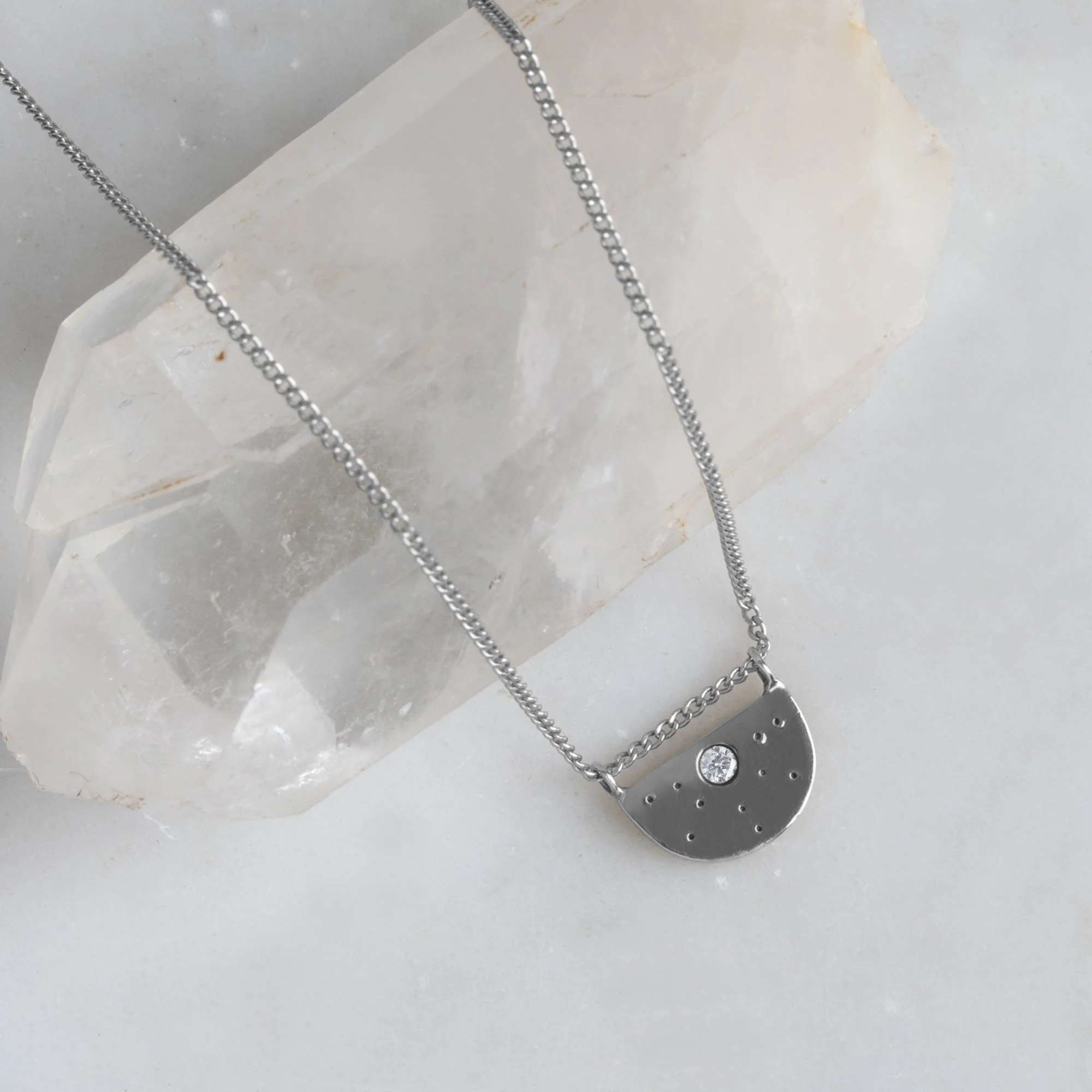 The White Diamond Half Moon Stardust Necklace | Yellow, Rose or Sterling Silver - Image 5
