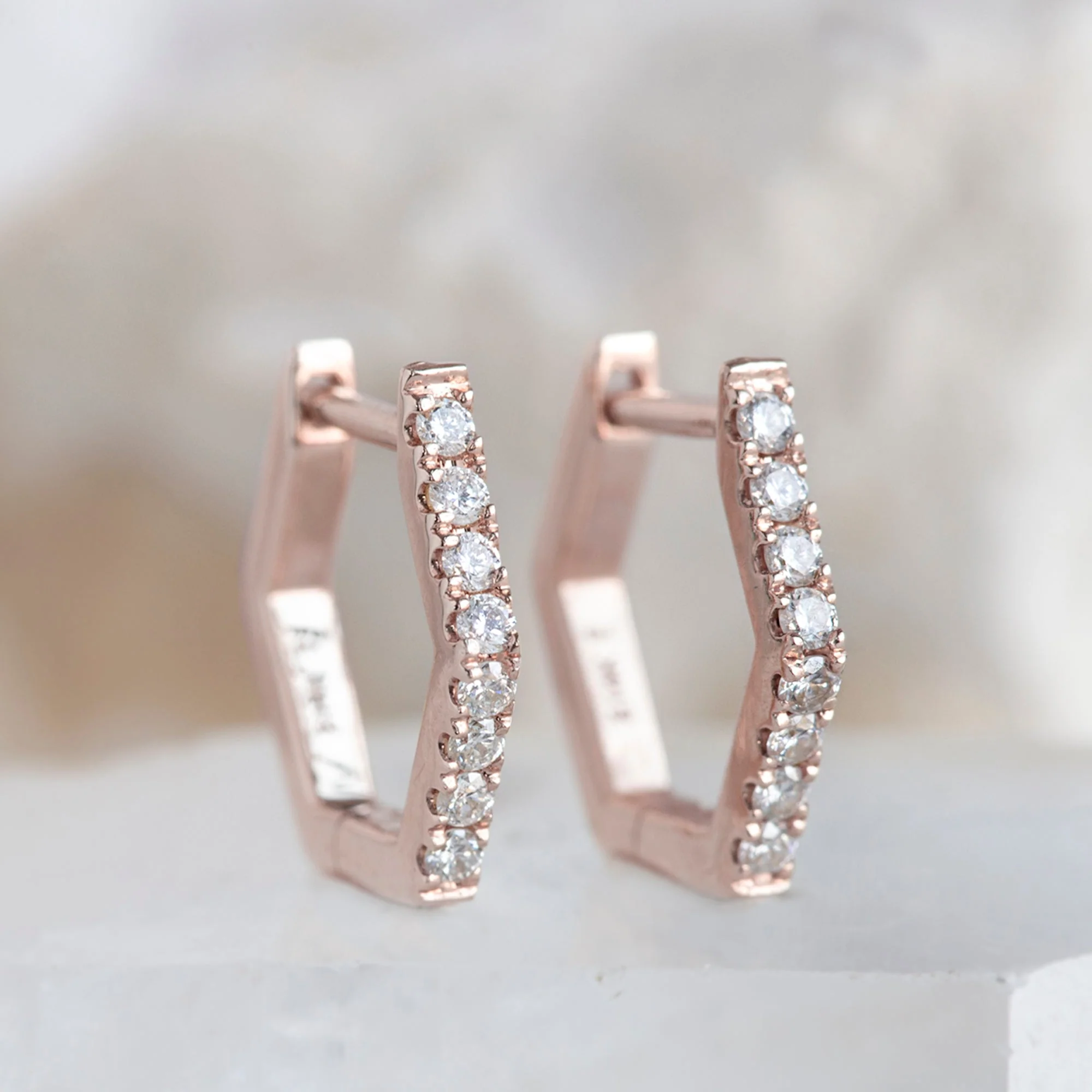 The White Diamond Pavé Hexagon Hoops | Yellow, Rose or White Gold - Image 5