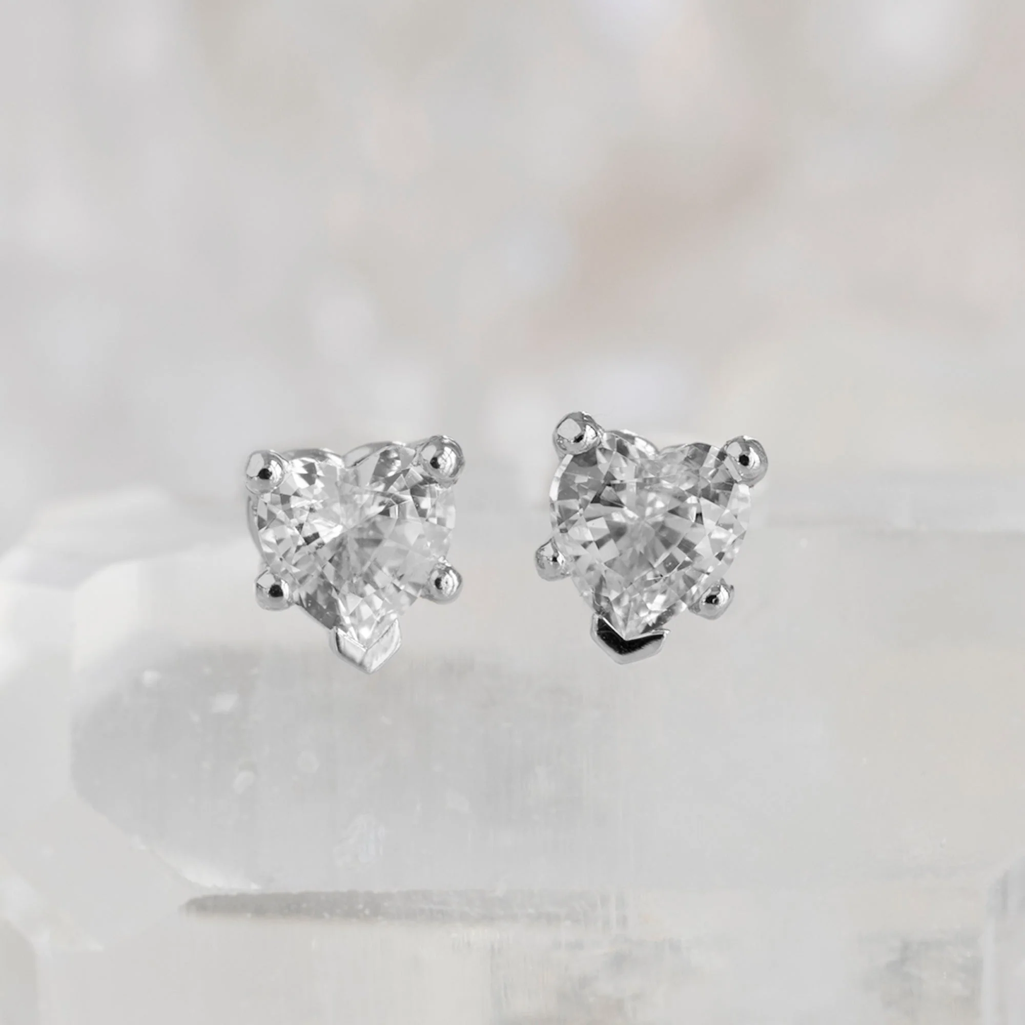 The White Sapphire Gemstone Heart Stud Earrings | Yellow, Rose or White Gold - Image 4