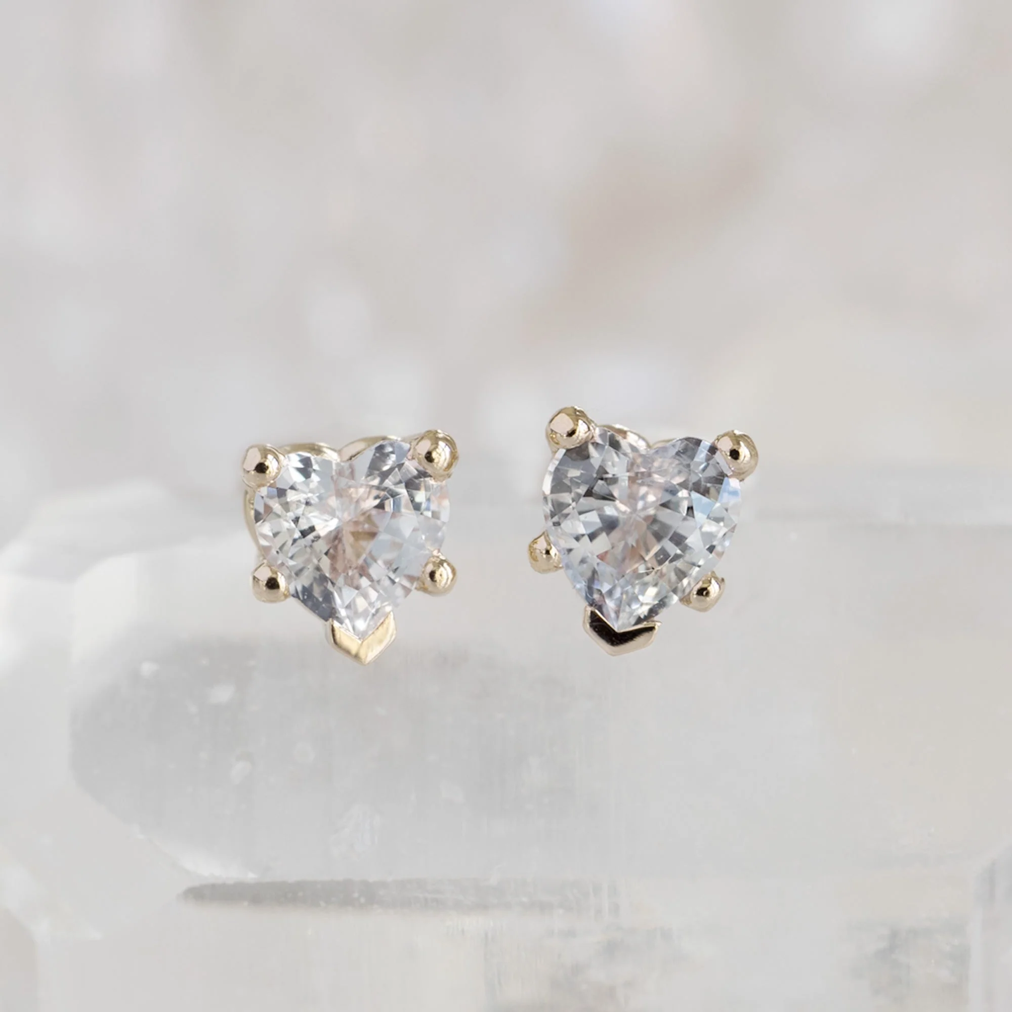 The White Sapphire Gemstone Heart Stud Earrings | Yellow, Rose or White Gold - Image 7