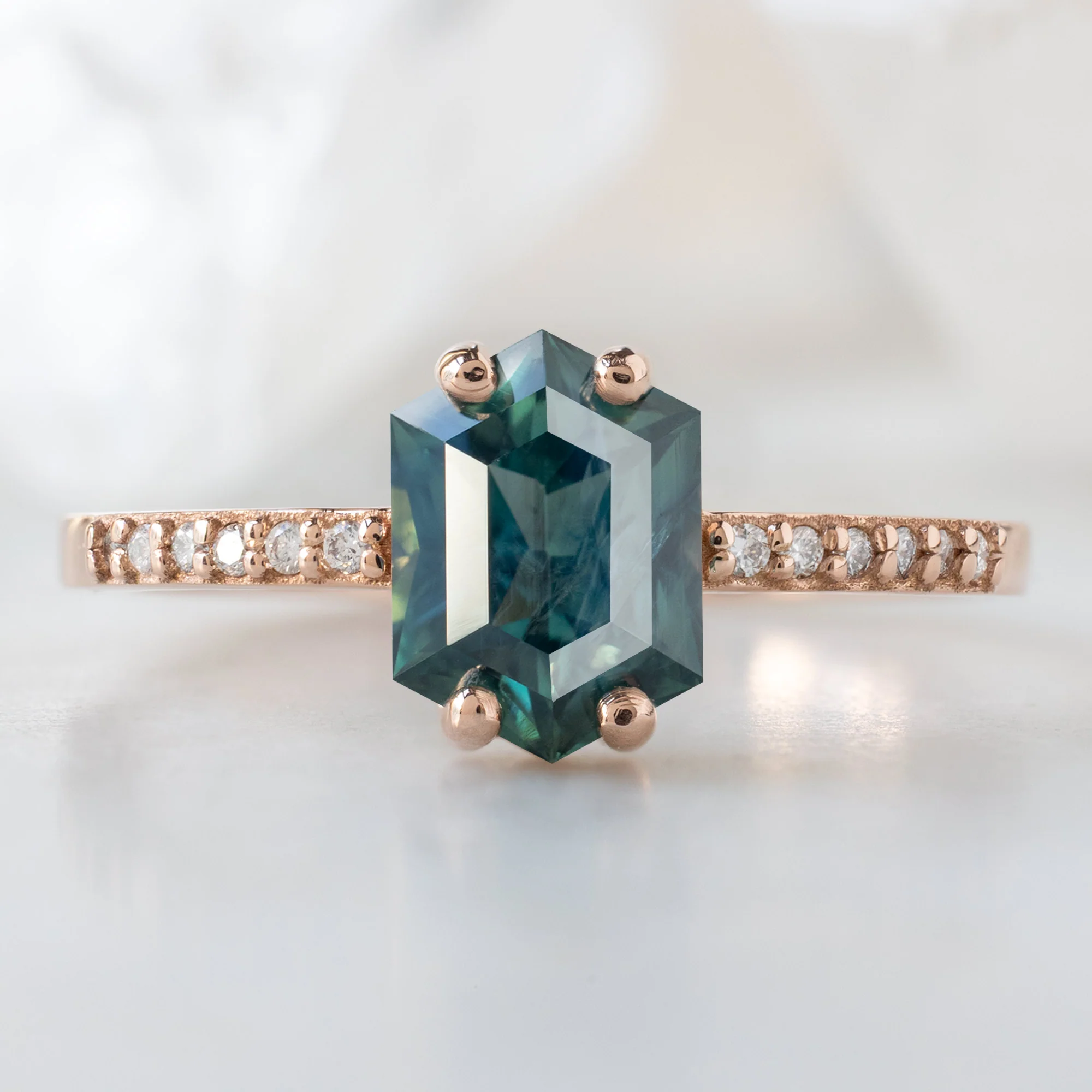 The Willow Ring | 1.28ct Hexagon Teal Sapphire in 14K Rose Gold