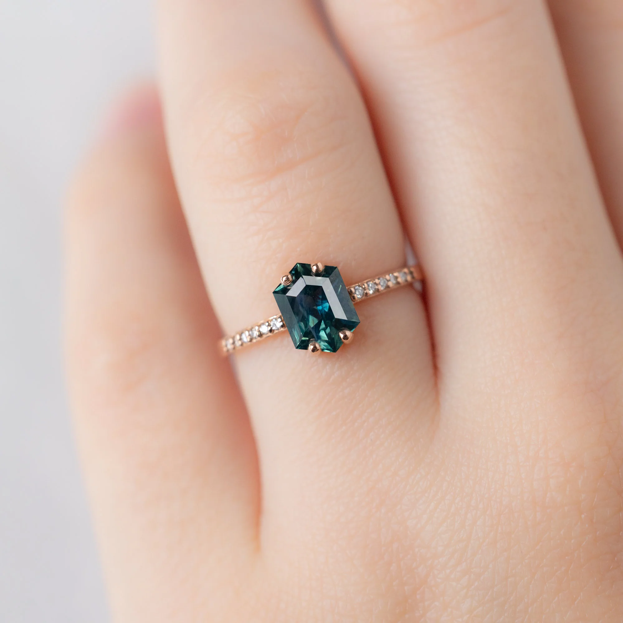 The Willow Ring | 1.28ct Hexagon Teal Sapphire in 14K Rose Gold - Image 4