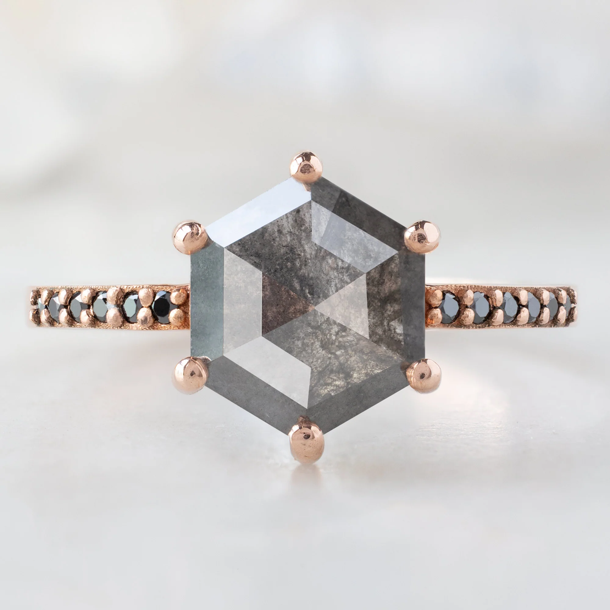The Willow Ring | 1.74ct Hexagonal Black Diamond in 14K Rose Gold