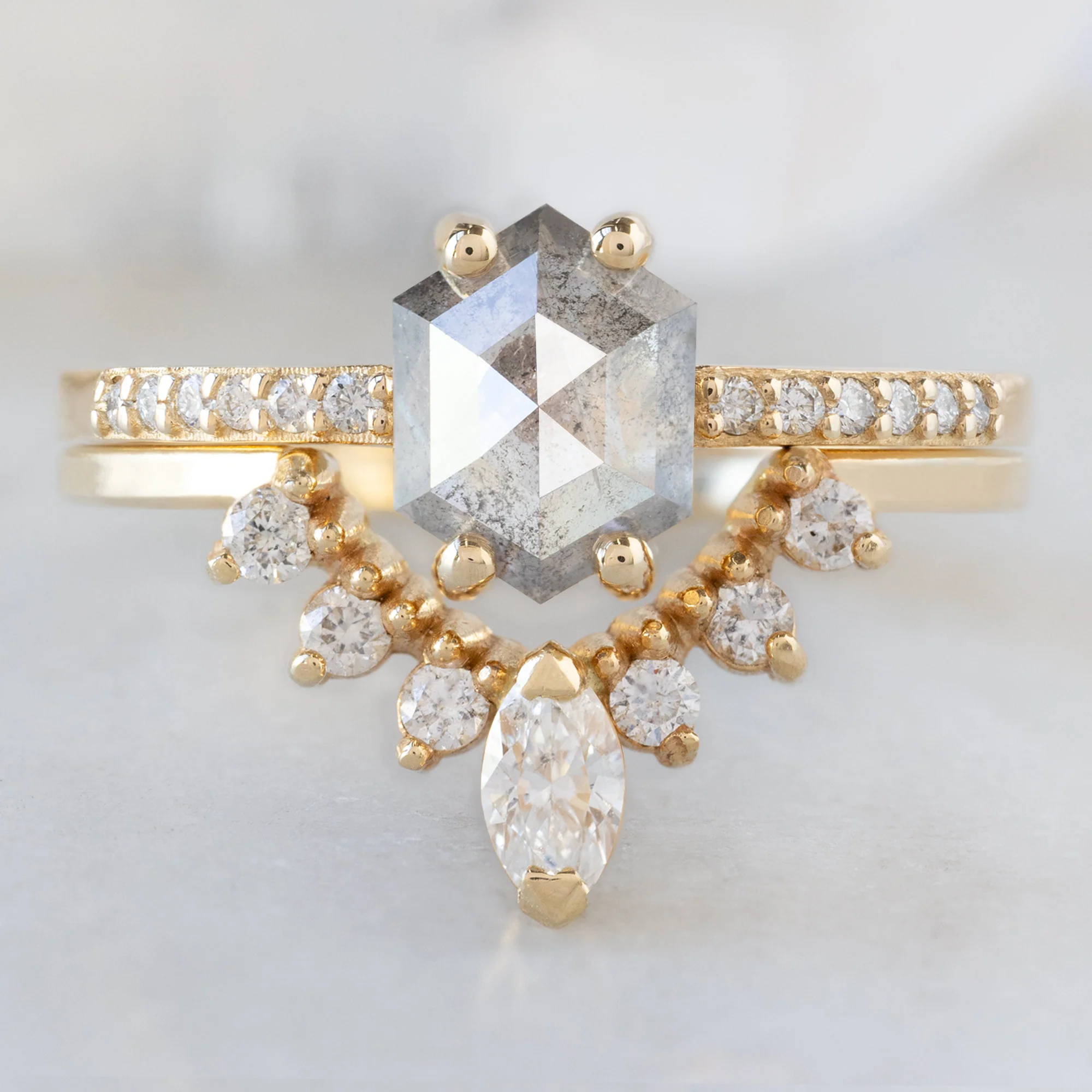 The Willow Ring | .99ct Hexagon Salt and Pepper Diamond in 14K Yellow Gold - Image 3