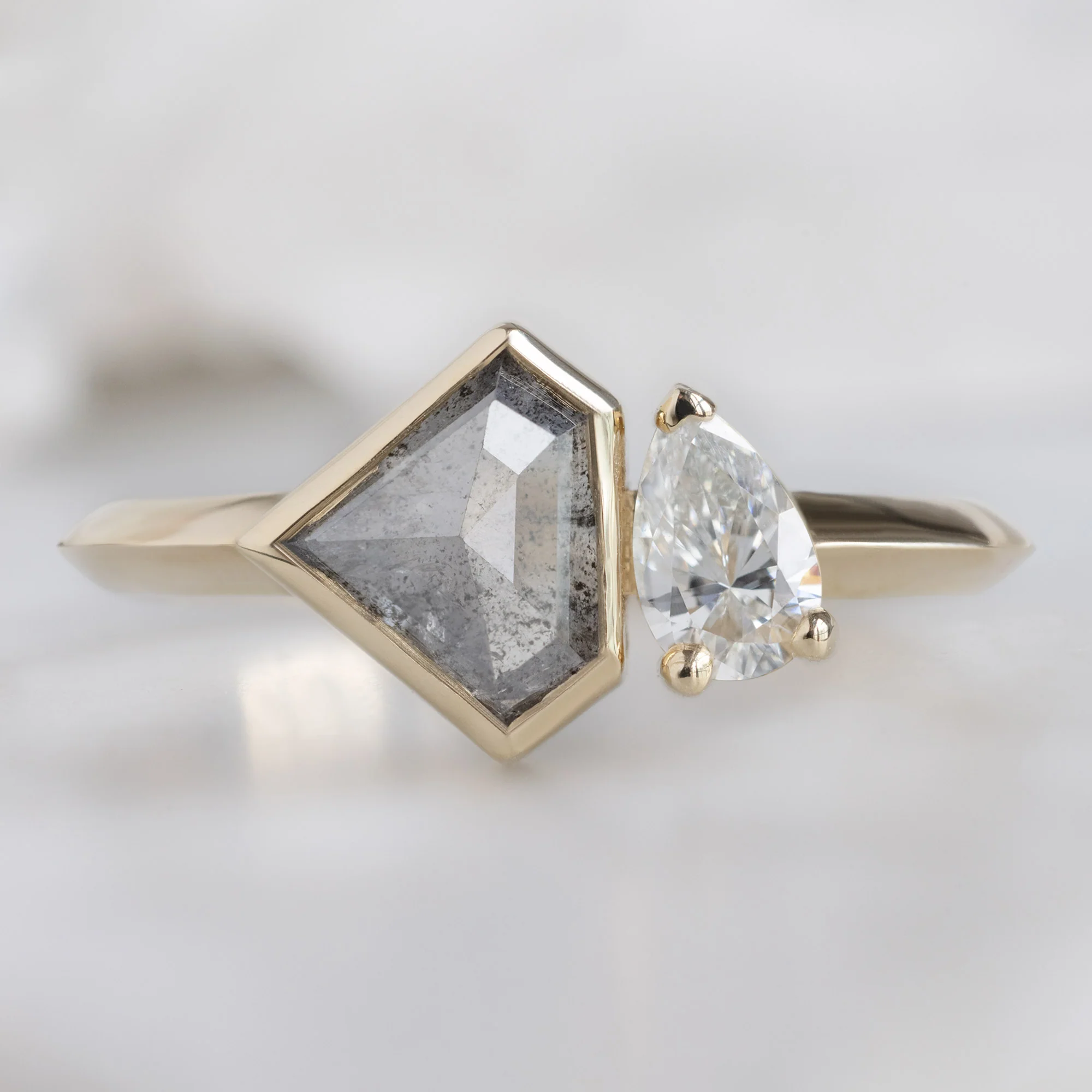 The You and Me Ring | 0.92ct Shield Cut Salt and Pepper Diamond in 14K Yellow Gold