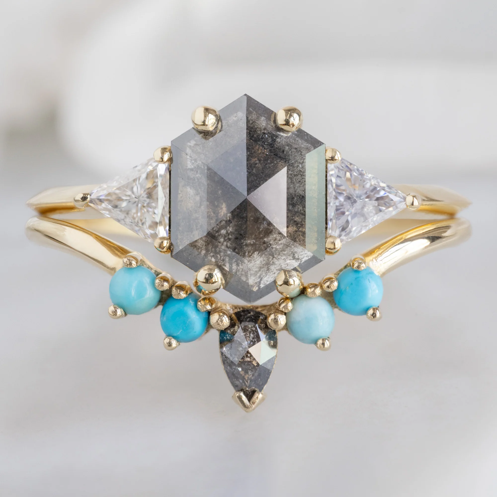 Black Diamond + Turquoise 4-Stone Sunburst Stacking Band | Yellow, Rose or White Gold - Image 3
