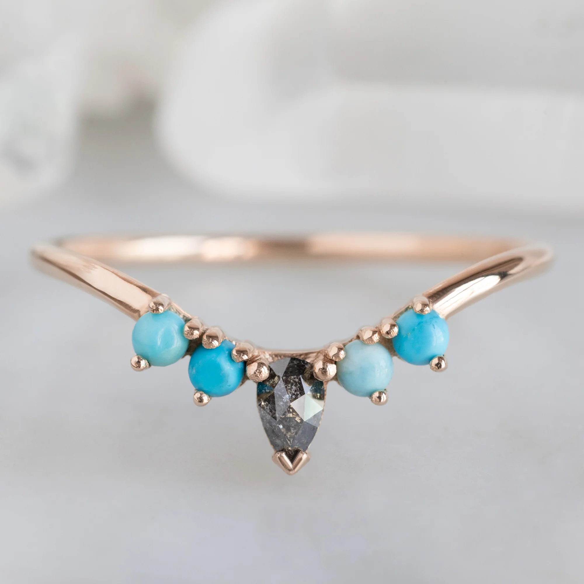 Black Diamond + Turquoise 4-Stone Sunburst Stacking Band | Yellow, Rose or White Gold - Image 5