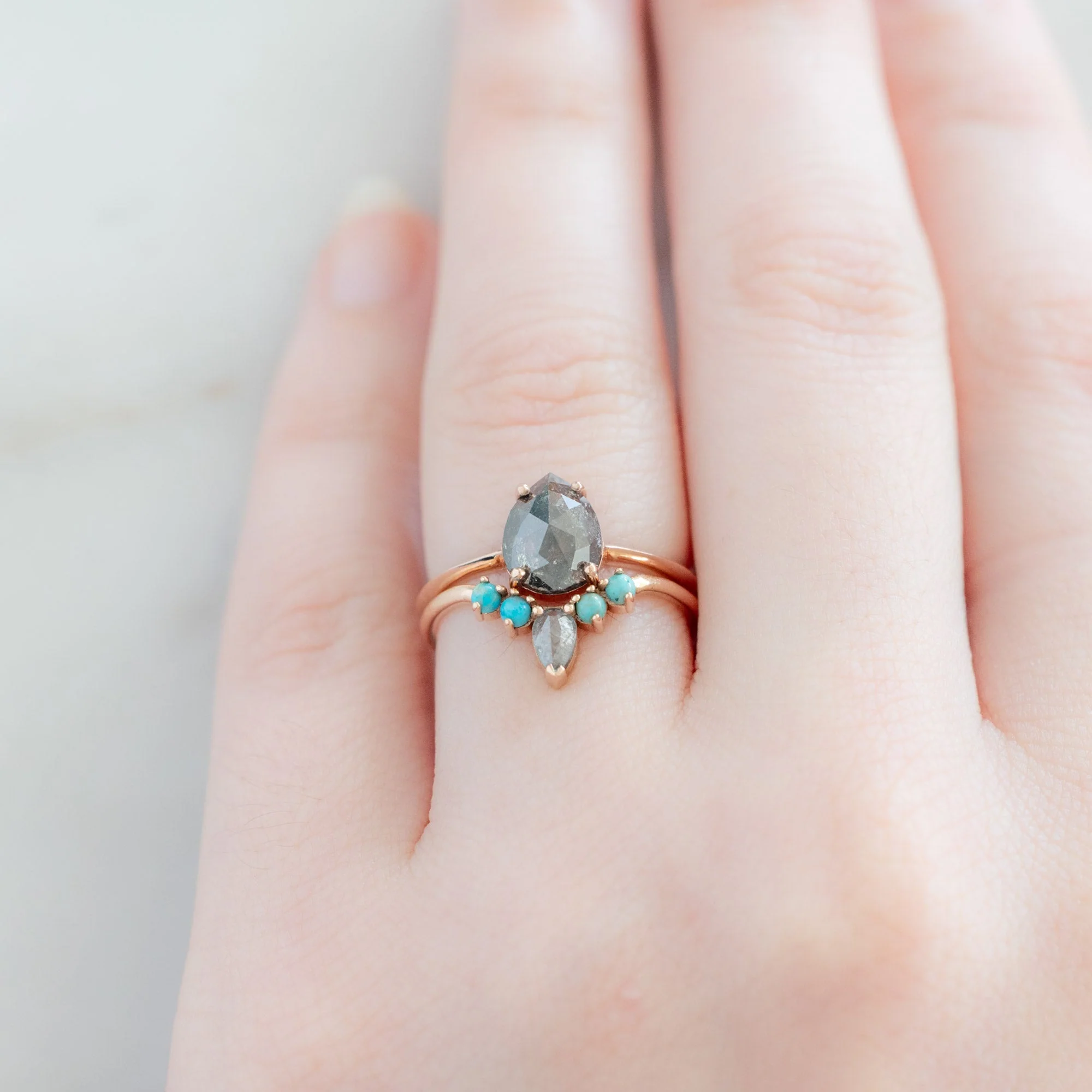 Black Diamond + Turquoise 4-Stone Sunburst Stacking Band | Yellow, Rose or White Gold - Image 6