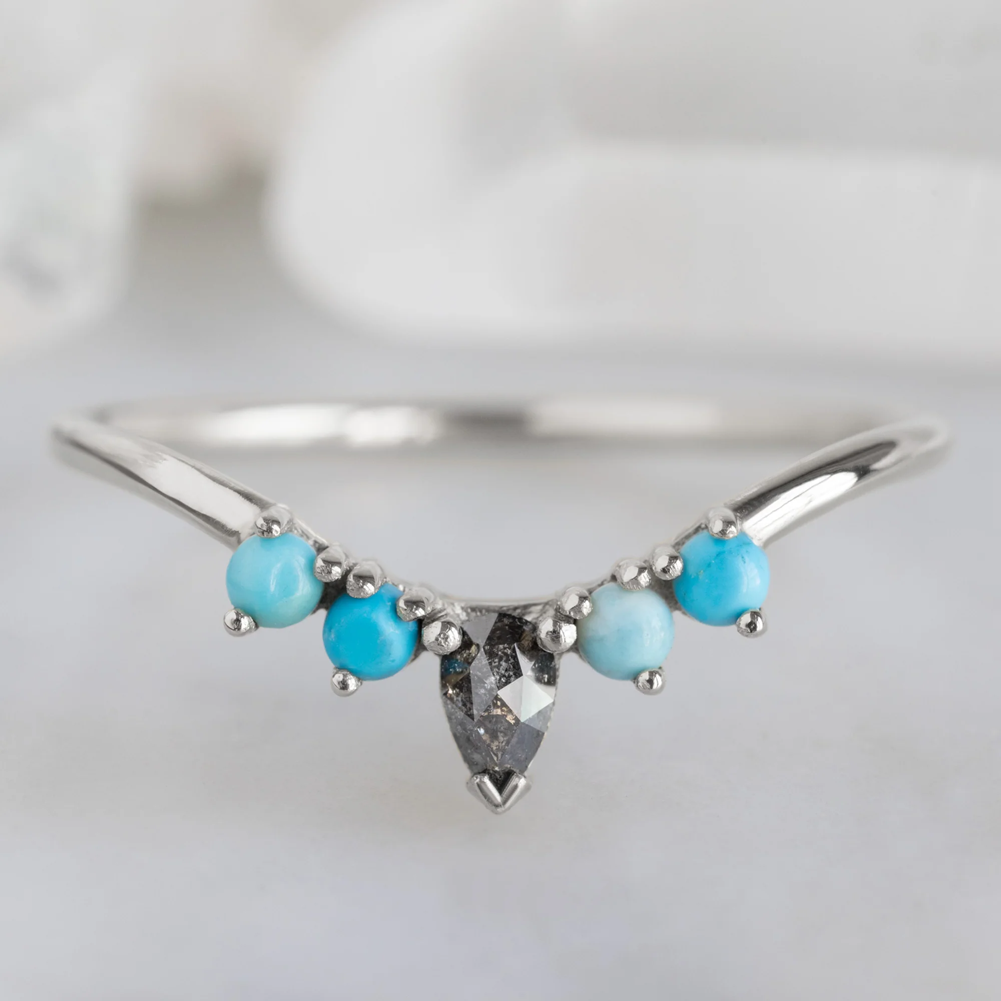 Black Diamond + Turquoise 4-Stone Sunburst Stacking Band | Yellow, Rose or White Gold - Image 8