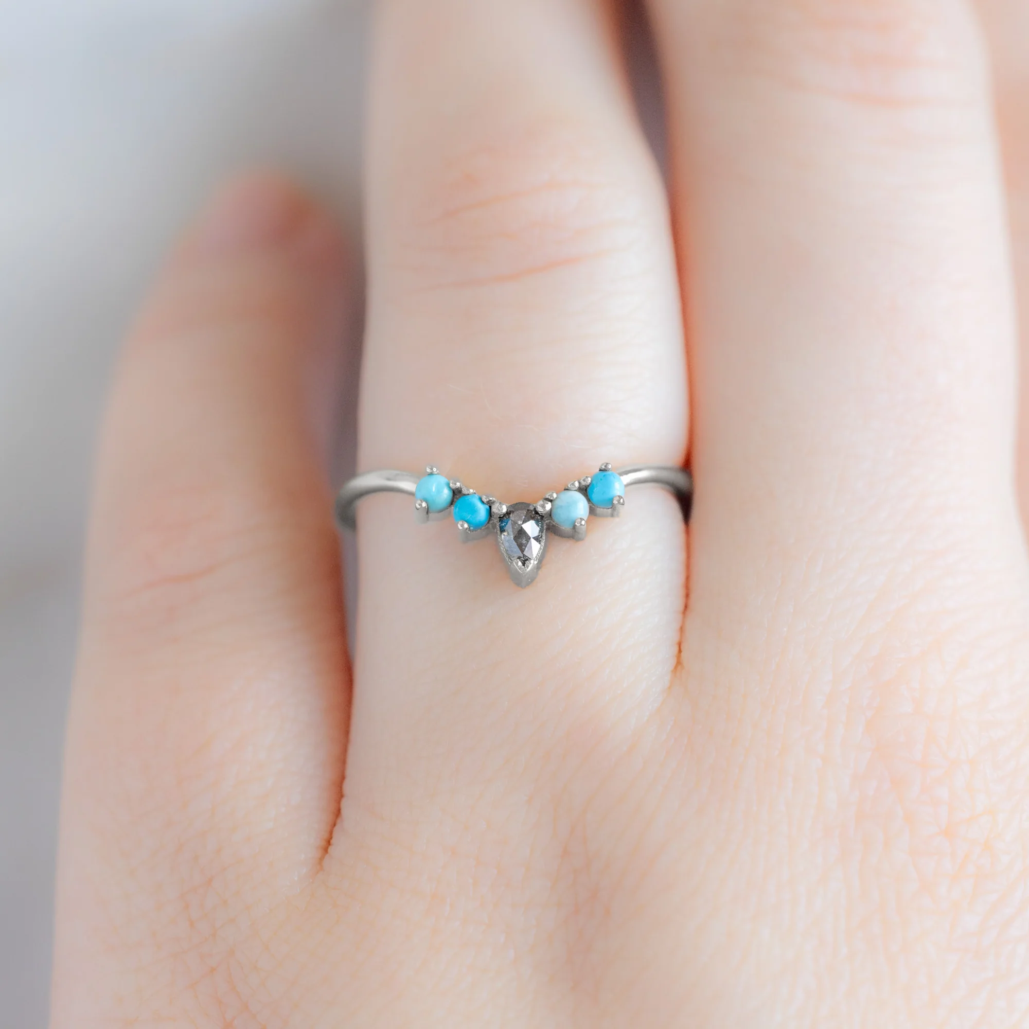Black Diamond + Turquoise 4-Stone Sunburst Stacking Band | Yellow, Rose or White Gold - Image 9