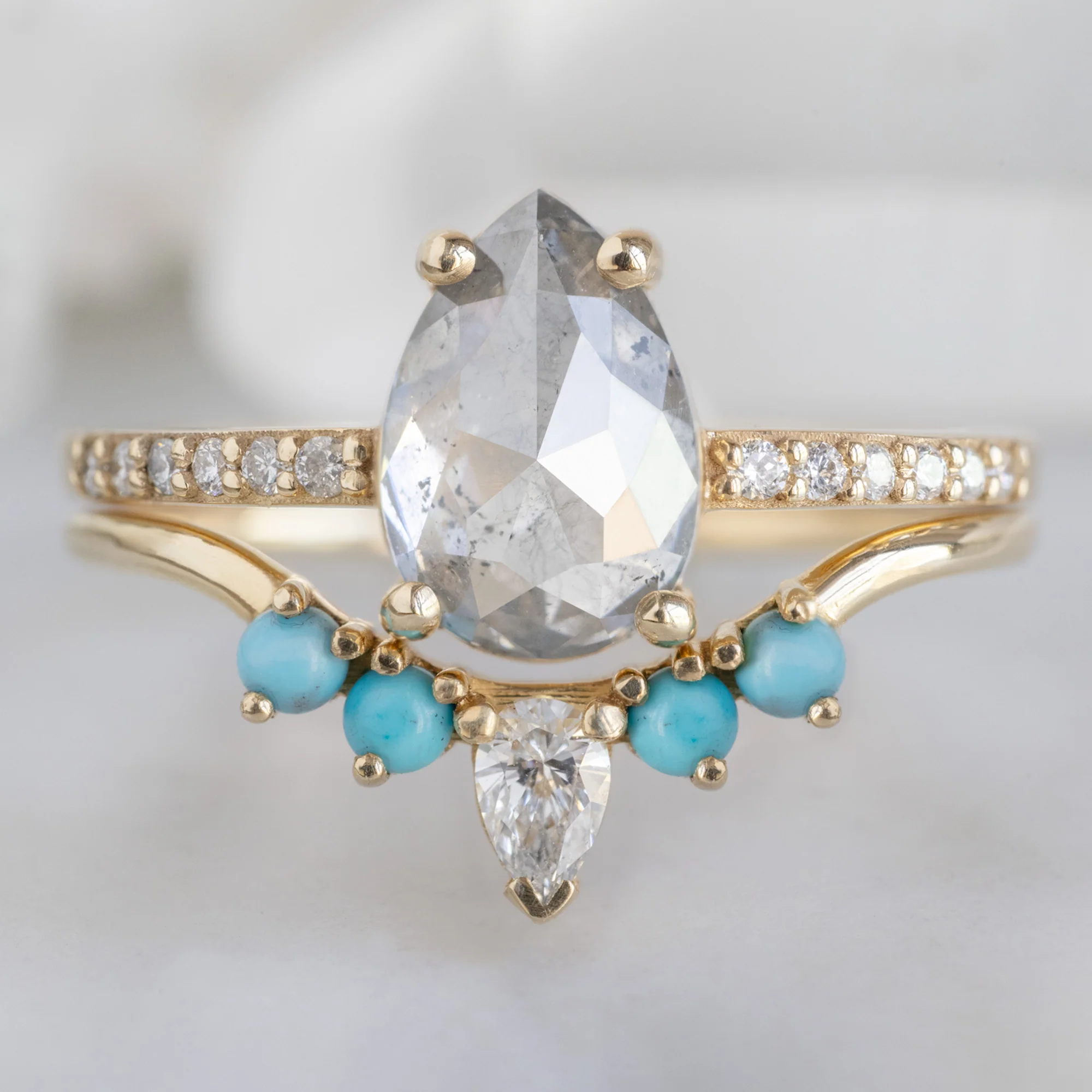 White Diamond + Turquoise 4-Stone Sunburst Stacking Band | Yellow, Rose or White Gold - Image 2