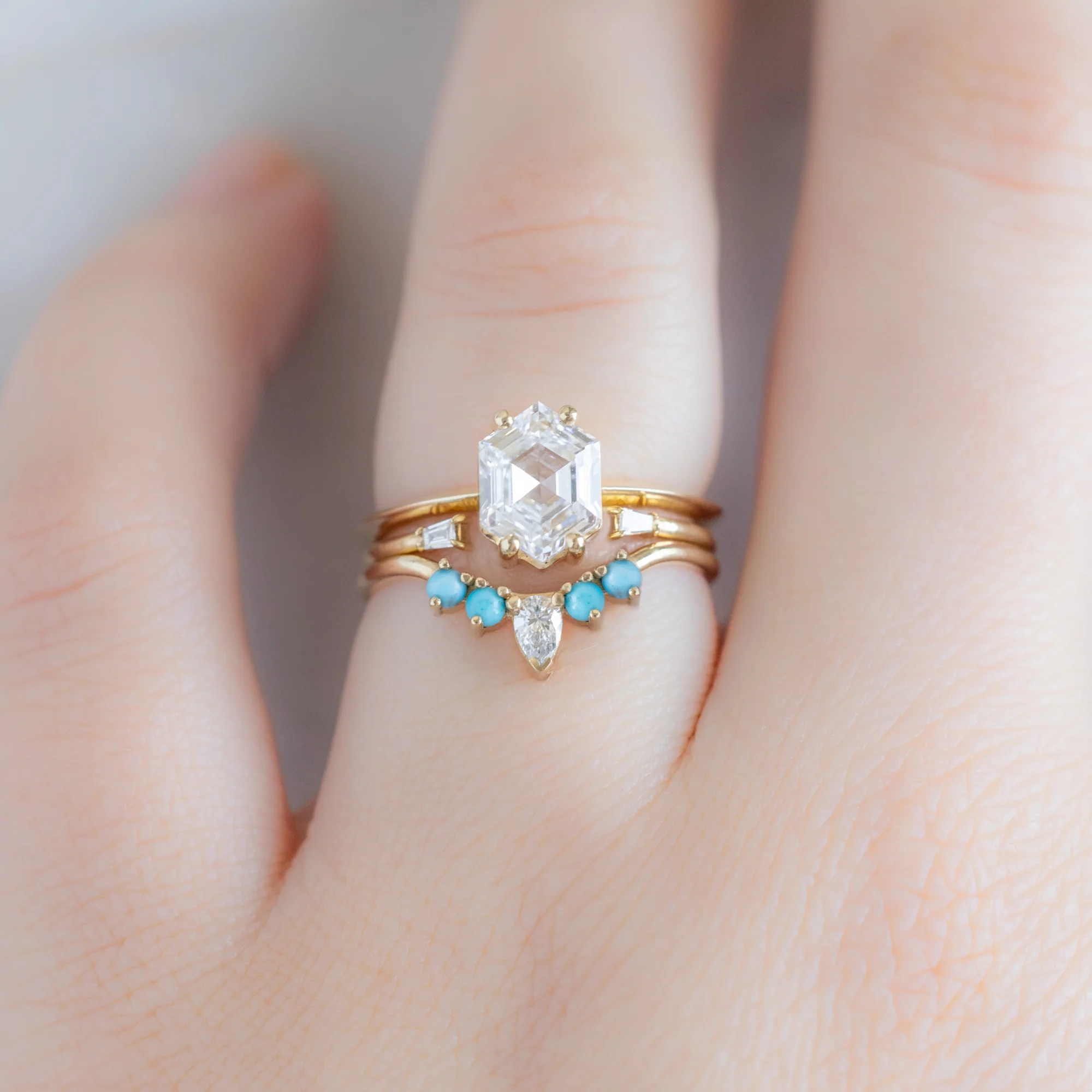 White Diamond + Turquoise 4-Stone Sunburst Stacking Band | Yellow, Rose or White Gold - Image 3