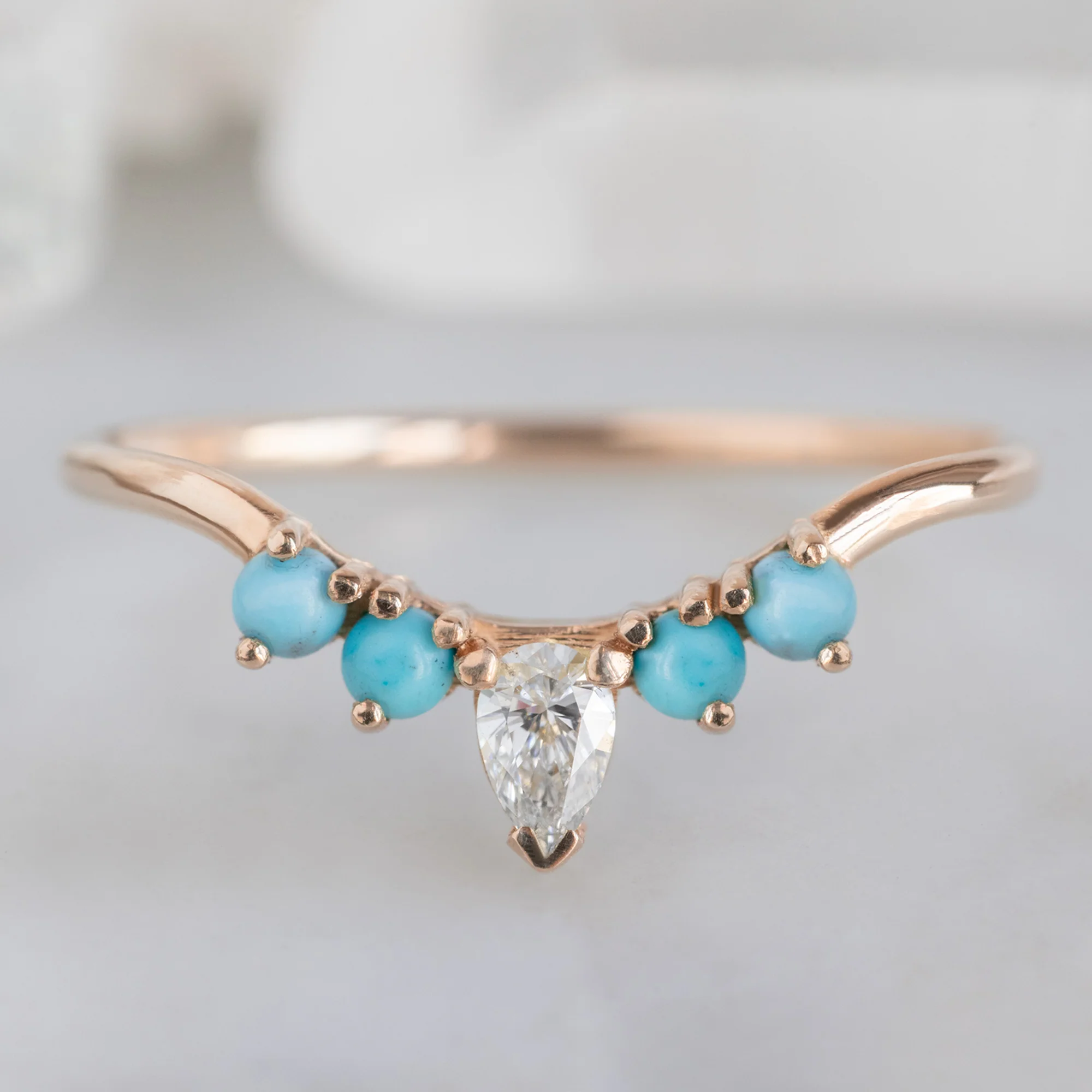 White Diamond + Turquoise 4-Stone Sunburst Stacking Band | Yellow, Rose or White Gold - Image 4