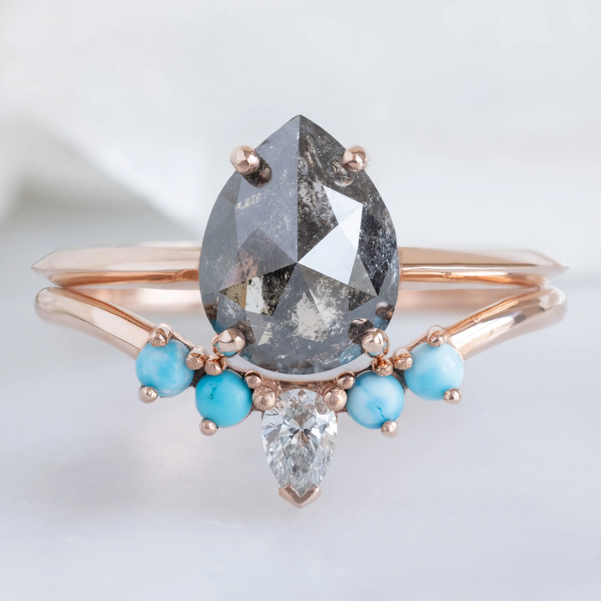 White Diamond + Turquoise 4-Stone Sunburst Stacking Band | Yellow, Rose or White Gold - Image 5