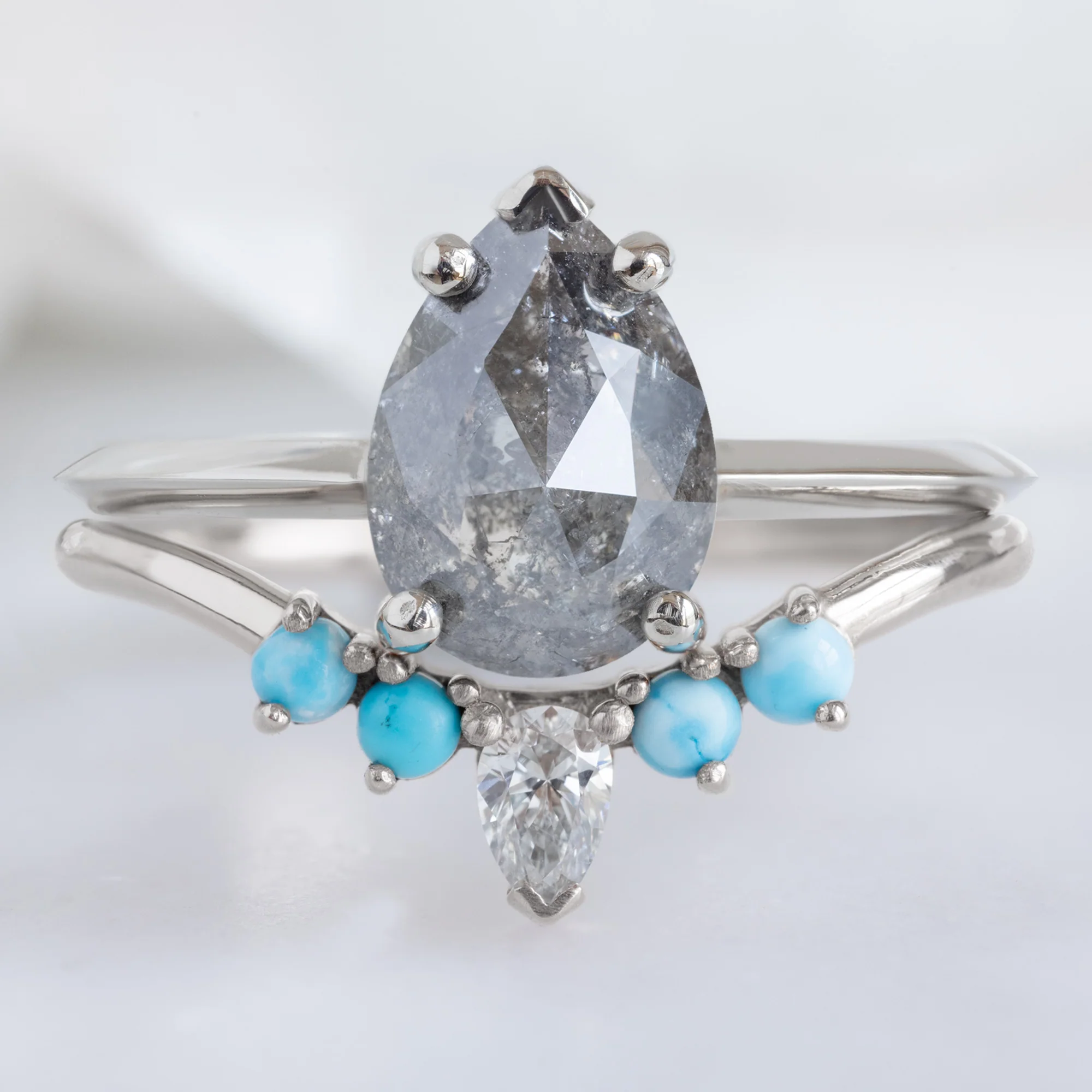 White Diamond + Turquoise 4-Stone Sunburst Stacking Band | Yellow, Rose or White Gold - Image 7